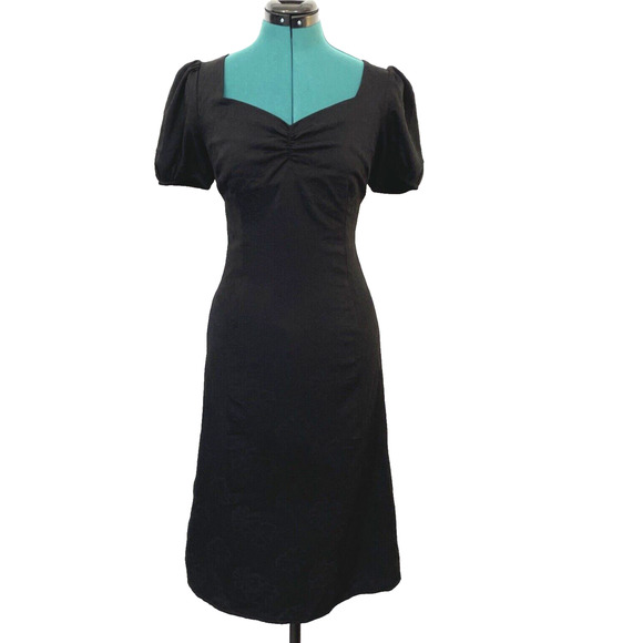 Rihoas V Neck Puff‎ Sleeve Floral Embossed Midi Dress Tie Back Size XS Black NWT - Picture 1 of 11